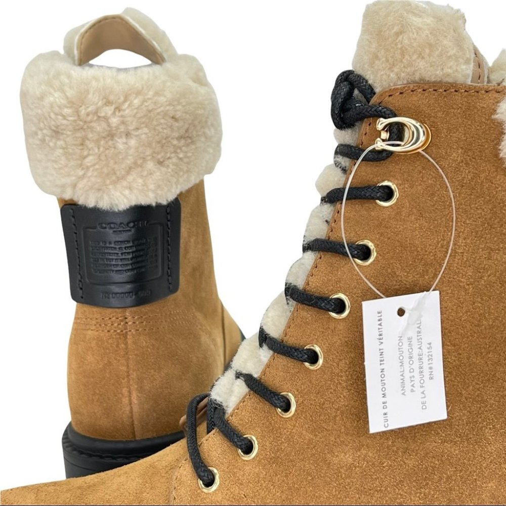 Coach Lorimer Suede Sheep Fur Trim Womens Ankle Boots in Tan - Picture 14 of 16